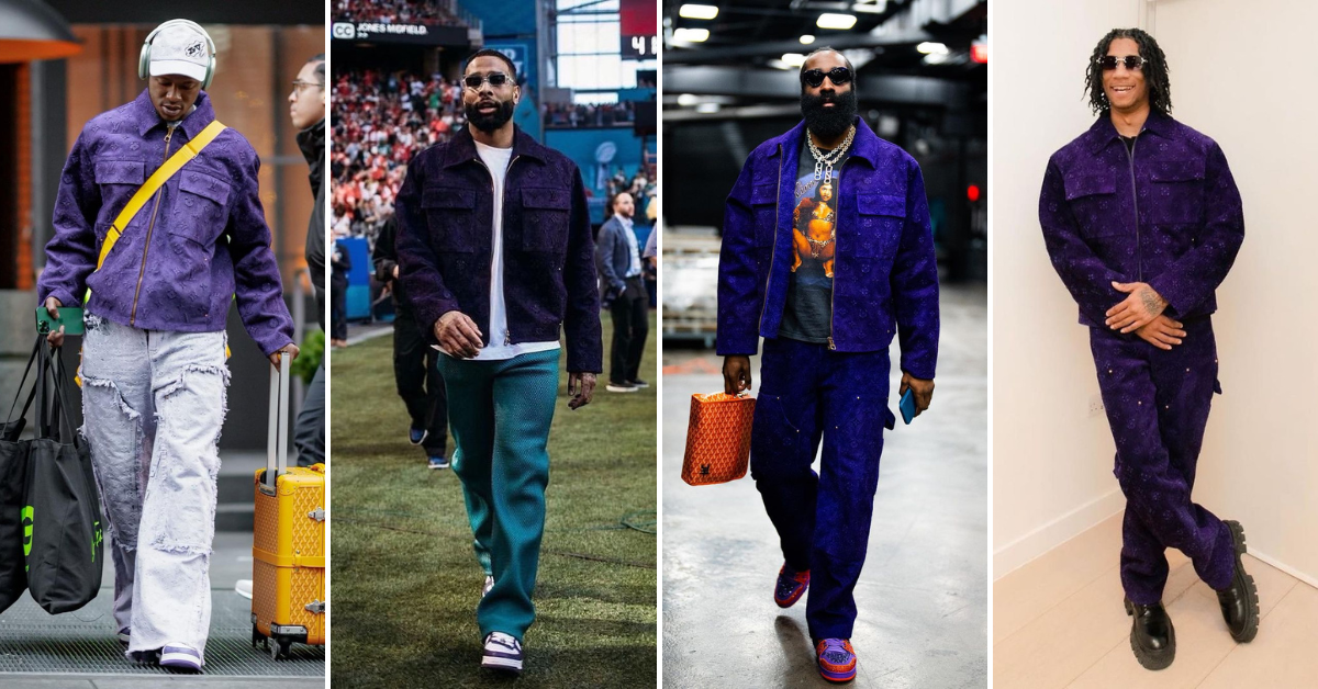 Terry Rozier, Odell Beckham Jr., James Harden and Digga D Step Out In the Louis Vuitton Purple Embossed Workwear Jacket