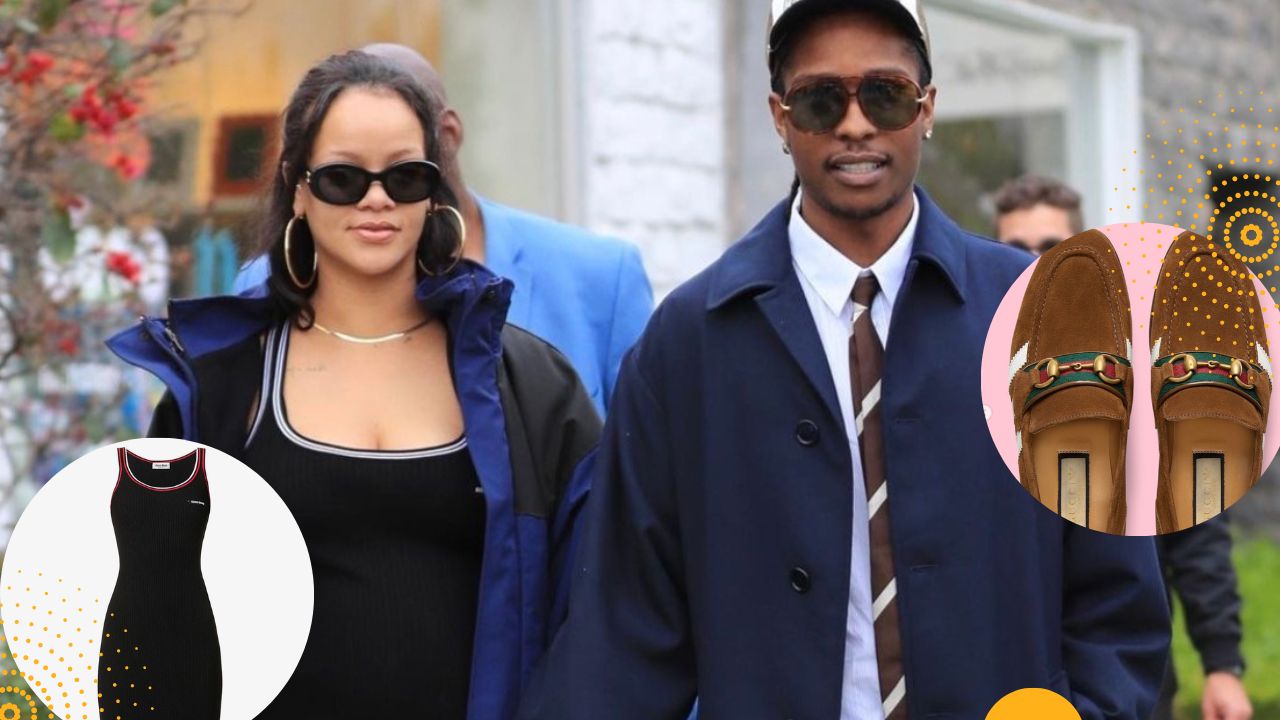 Rihanna and A$AP Rocky Store in Navy blue Miu Miu Gown and Martine Rose Jacket, together with Gucci X Adidas Equipment at Kitson Children in Beverly Hills