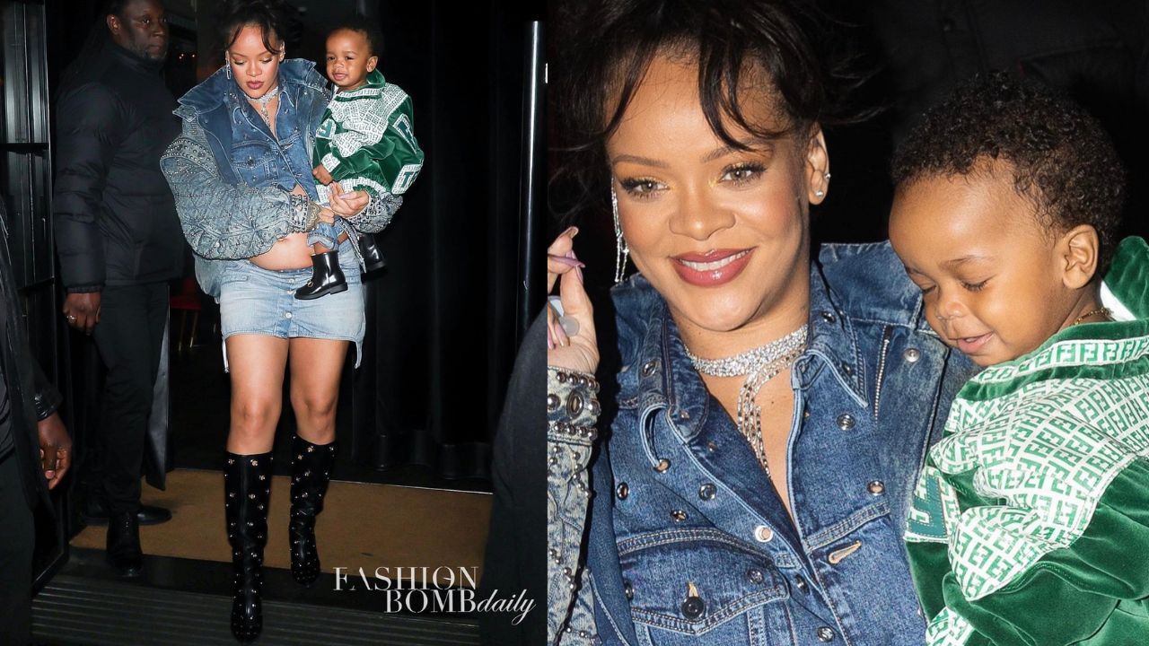 Rihanna and Son Spotted in Paris in a Gucci Demin Jacket, Courreges Denim Skirt, and Dapper Dan X Fendi Kids Jacket with Gucci Ankle Boots