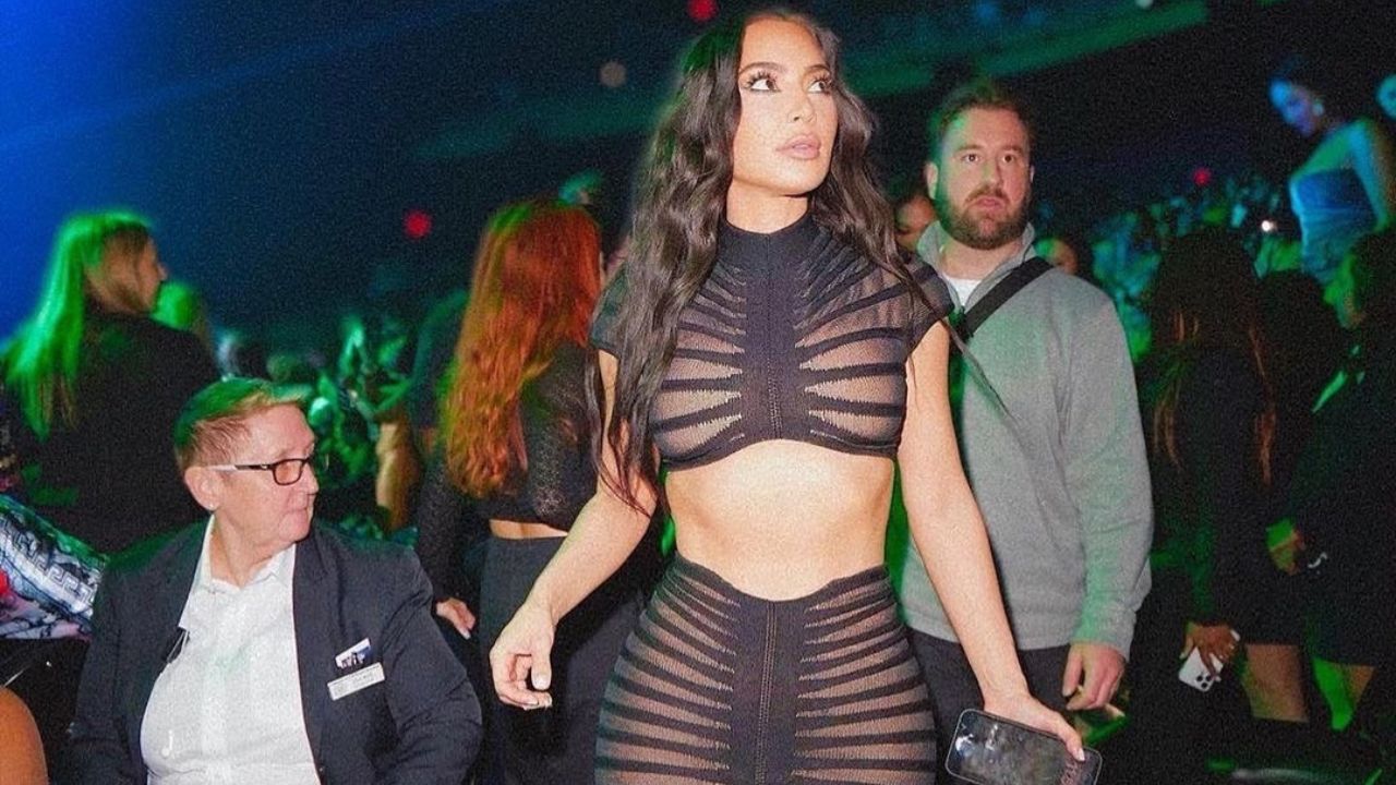Kim Kardashian Attended Ushers Vegas Residency in a Maison Alaia Sheer Crop Top and Maxi Ruched Skirt