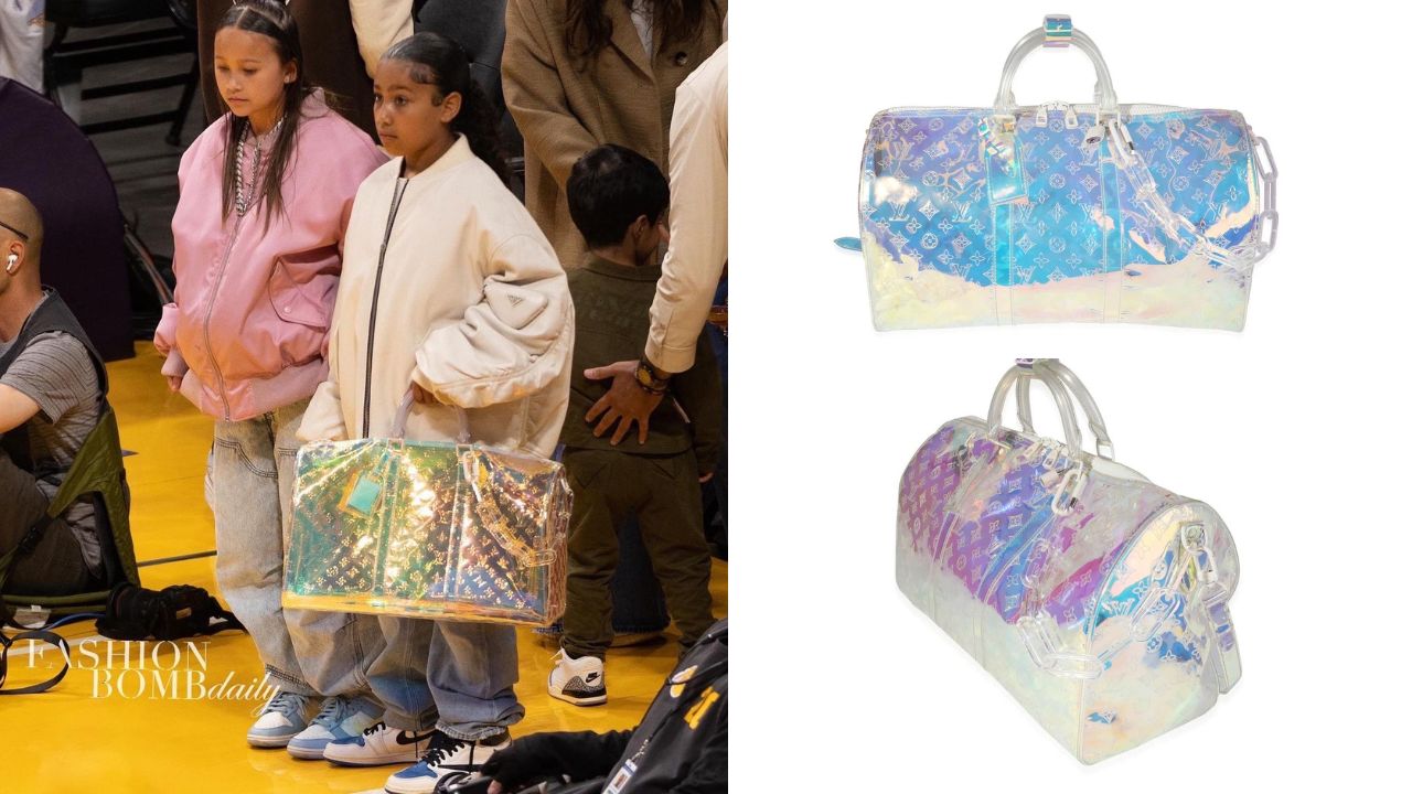 North West Attended the Lakers Game in an Off White Prada Bomber jacket with Virgil Abloh Louis Vuitton Duffle bag