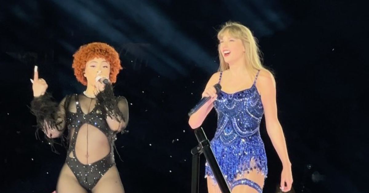 Ice Spice Performs in Black Custom Theophilio Feathered Catsuit for Taylor Swift’s Eras Tour