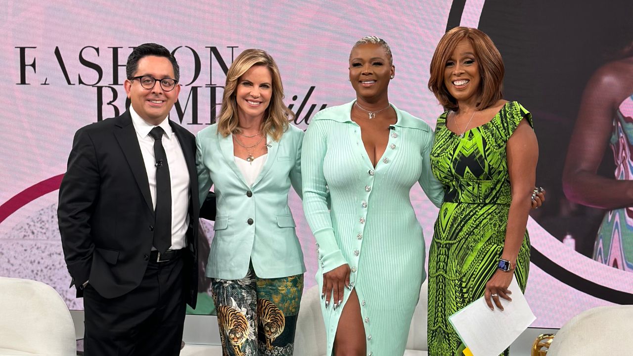 Style Bomb CEO, Claire Sulmers Wore a Mint Fumi Embellished Bodycon on CBS Mornings with Gayle King Who Opted for a Inexperienced Printed Chiara Boni Costume