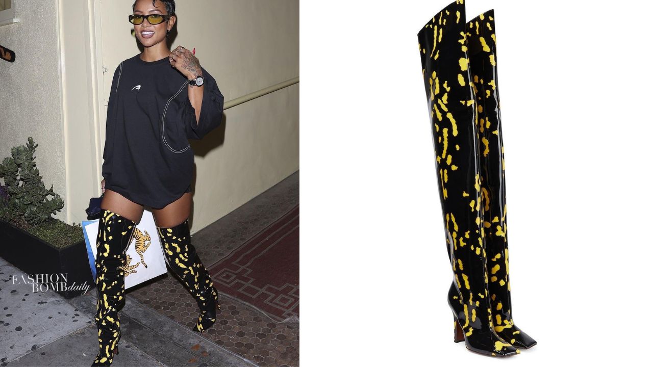 Karrueche Stepped Out to Dinner in West Hollywood in a $302 Ader Error Sweatshirt with $3,688 Vetements Over-the-knee Salamander Printed Boots
