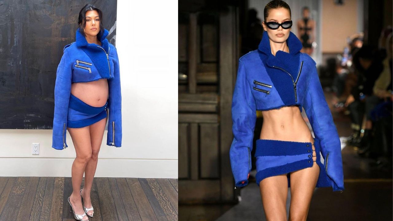 Kourtney Kardashian Turns to Designer LaQuan Smith in a FW22/23 Cobalt Blue Cropped Leather-based Biker Jacket and Matching Skirt