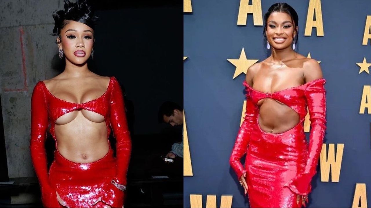 Who Wore It Better Saweetie and Coco Jones Both Wore a Red Sequin LaQuan Smith SS23 Gown 2 Feat Image