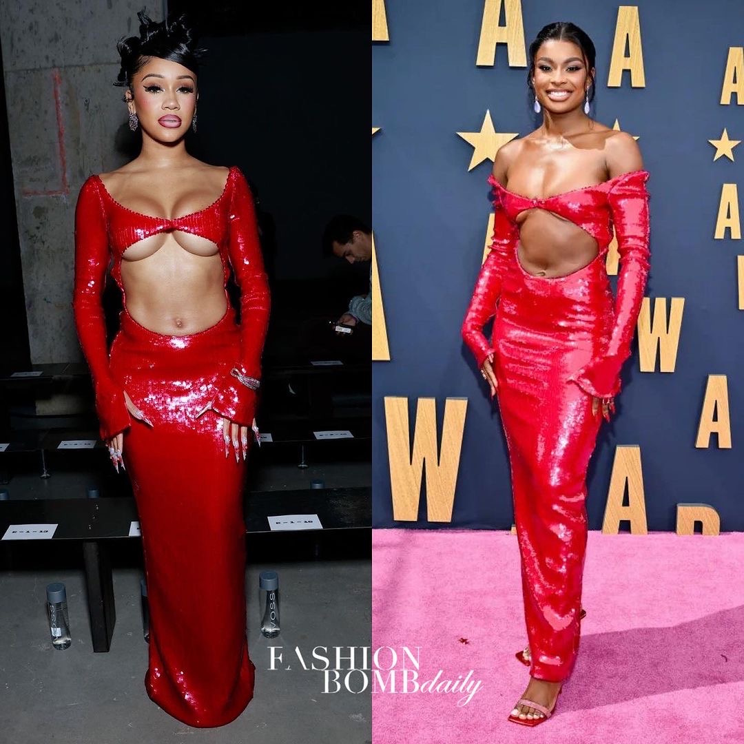 Who Wore It Better Saweetie and Coco Jones Both Wore a Red Sequin LaQuan Smith SS23 Gown 2