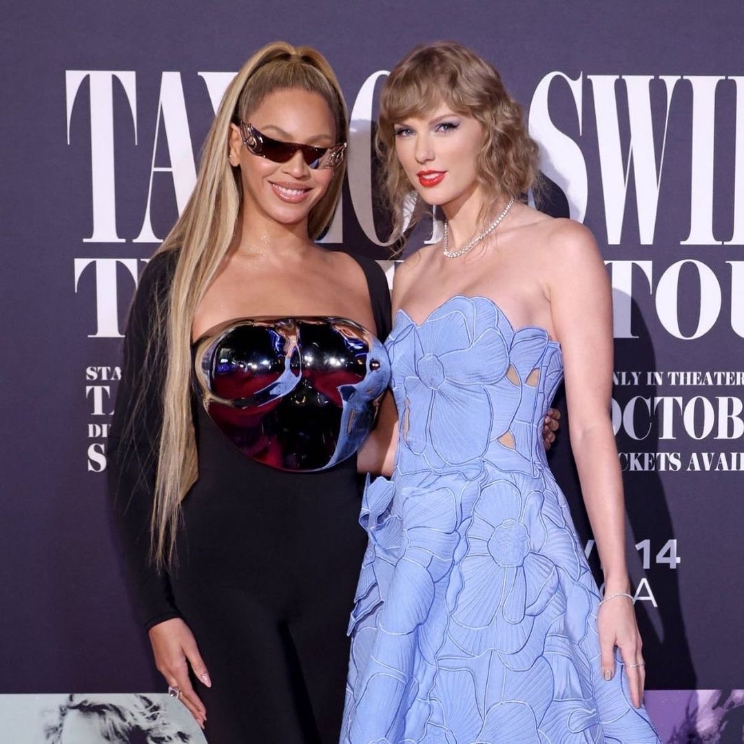 Beyoncé Wore a Black Steel Plated LaQuan Smith SS23 Bodysuit on the Purple Carpet of Taylor Swift The Eras Tour Live performance Film Premiere