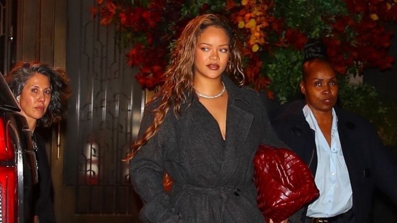 Rihanna Wore a Gray Dries Van Noten Coat with Black Balenciaga