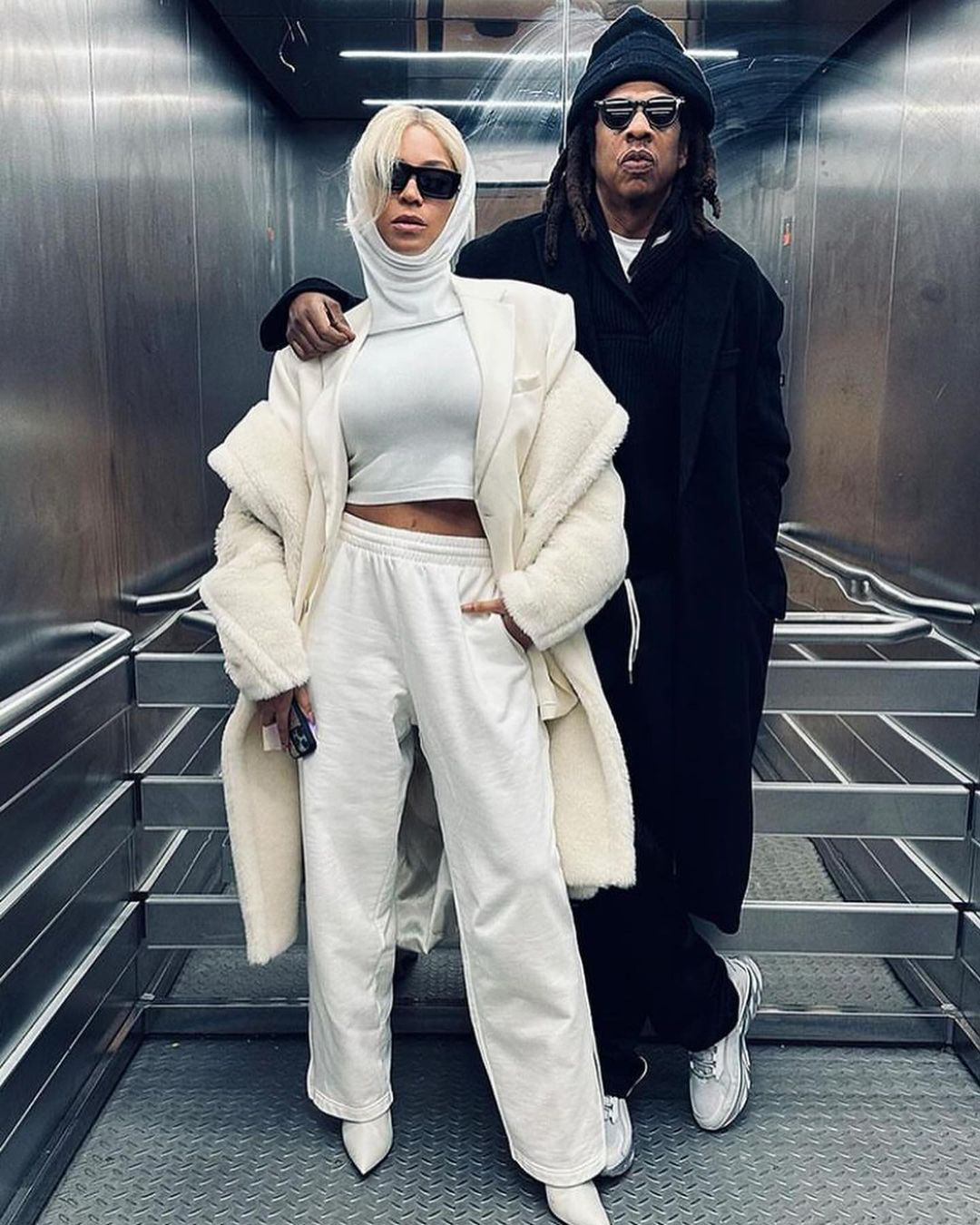 Fashion Bomb Couple: Beyoncé Posed with Jay-Z in an All White Monochromatic Look Including a ,090 Alaia Crop Hooded