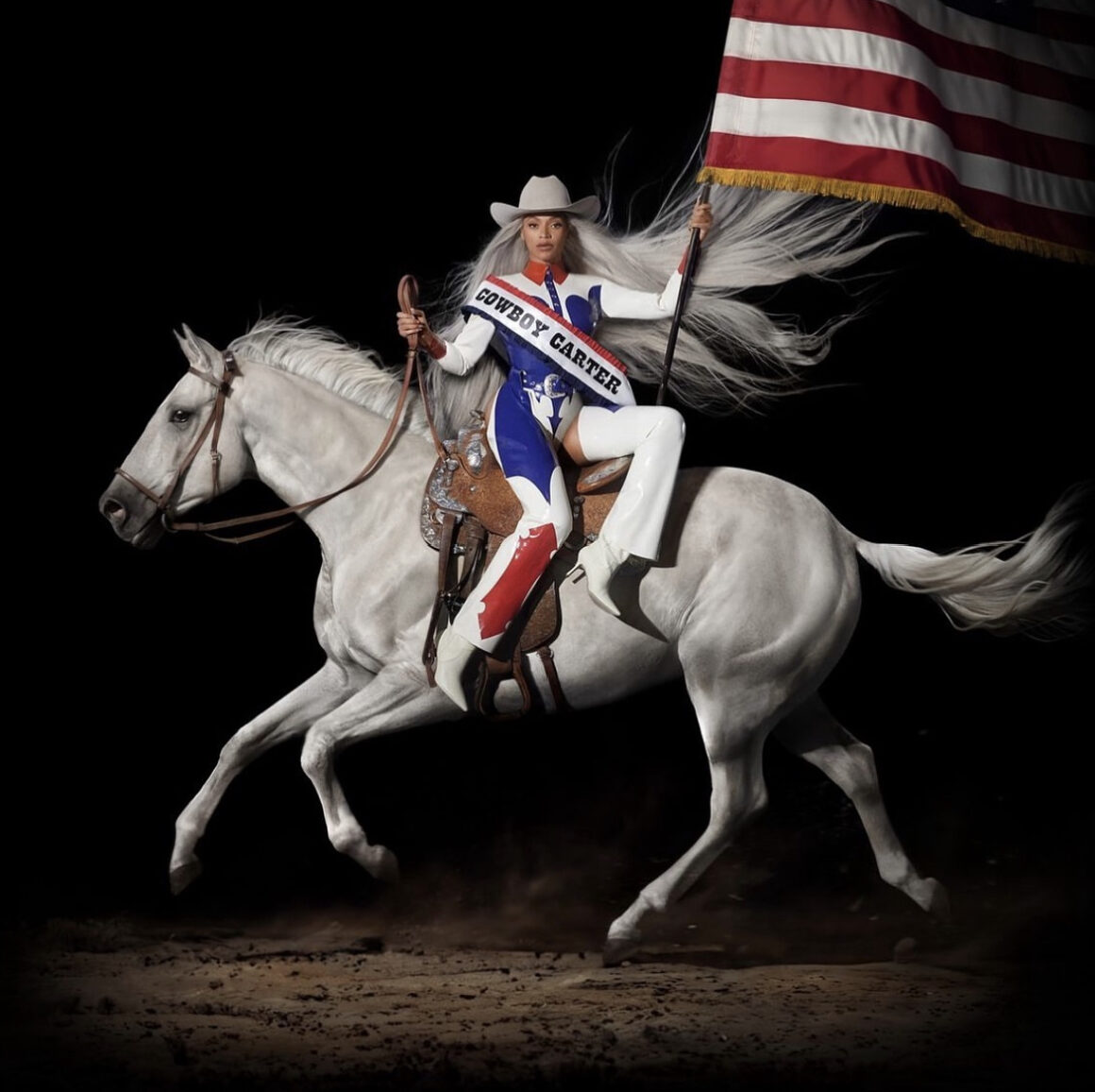 Beyonce Unveiled the Cover of her CowBoy Carter album in a Patriotic Latex Cowboy suit