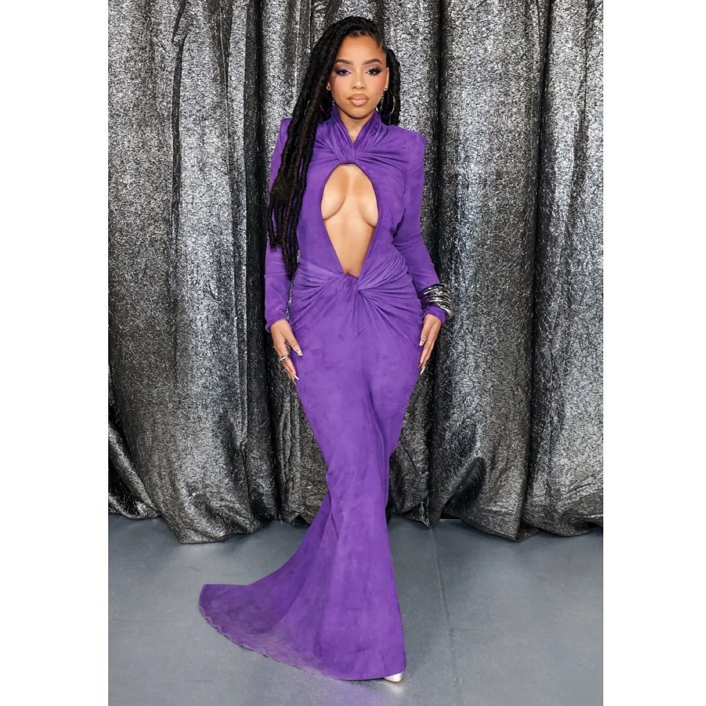 Celebs Love LaQuan Smiths Purple 2395 Suede Keyhole Twisted Gown is a Celeb Favorite Amognst Chloe Bailey Fantasia Wendy Osefo 4