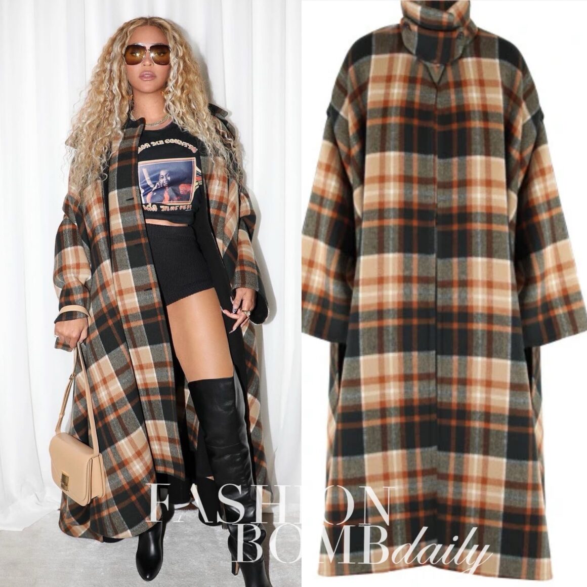 8888 Beyonce Promotes Cowboy Carter in a Chloe Oversized Plaid Cape A Linda Martell Color me Country Tee Black Prada Knit Shorts and a Ferragamo Bag