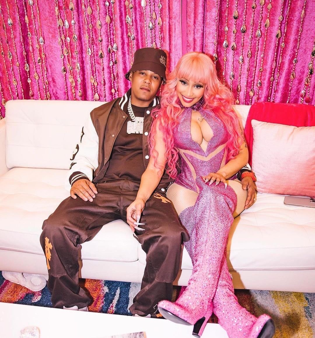Fashion Bomb Couple Nicki Minaj Wore a Custom Versace Look with Hubby Kenneth Petty in a 6250 Louis Vuitton Jacket and 810 Hat Backstage at her Gag City Tour 4