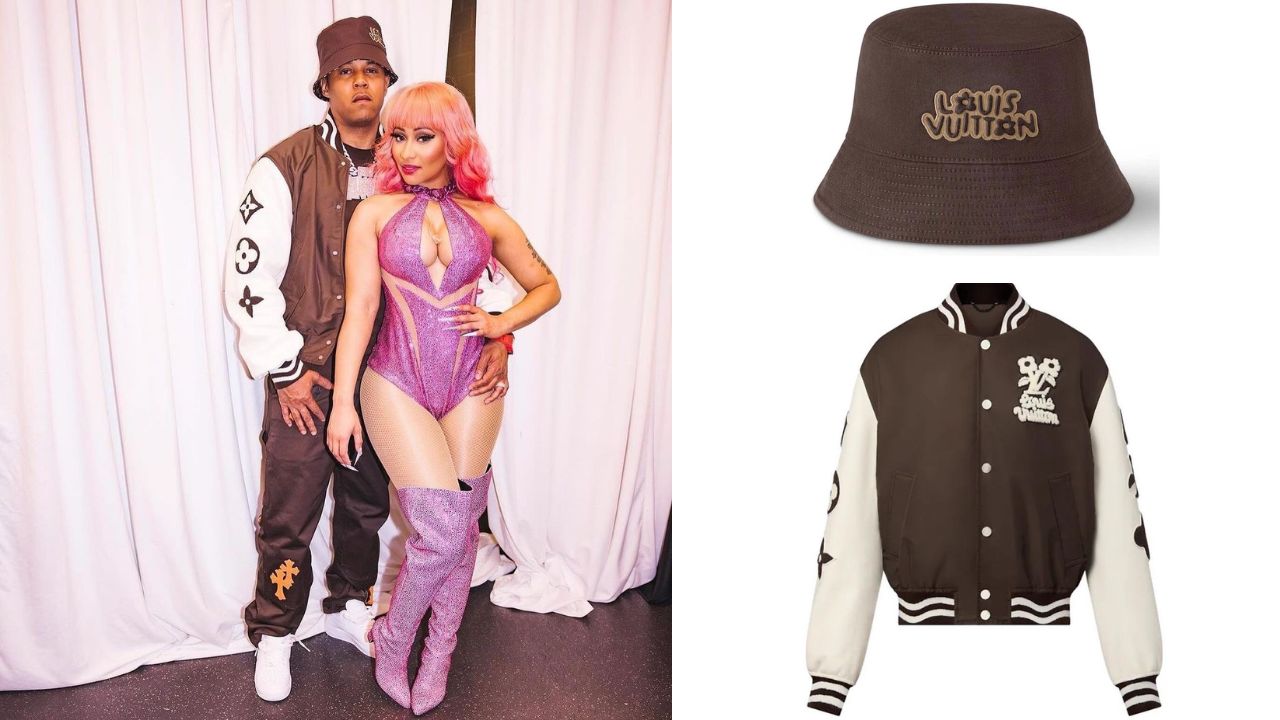 Fashion Bomb Couple: Nicki Minaj Wore a Custom Versace Look with Hubby Kenneth Petty in a $6,250 Louis Vuitton Jacket and $810 Hat Backstage at her Gag City Tour