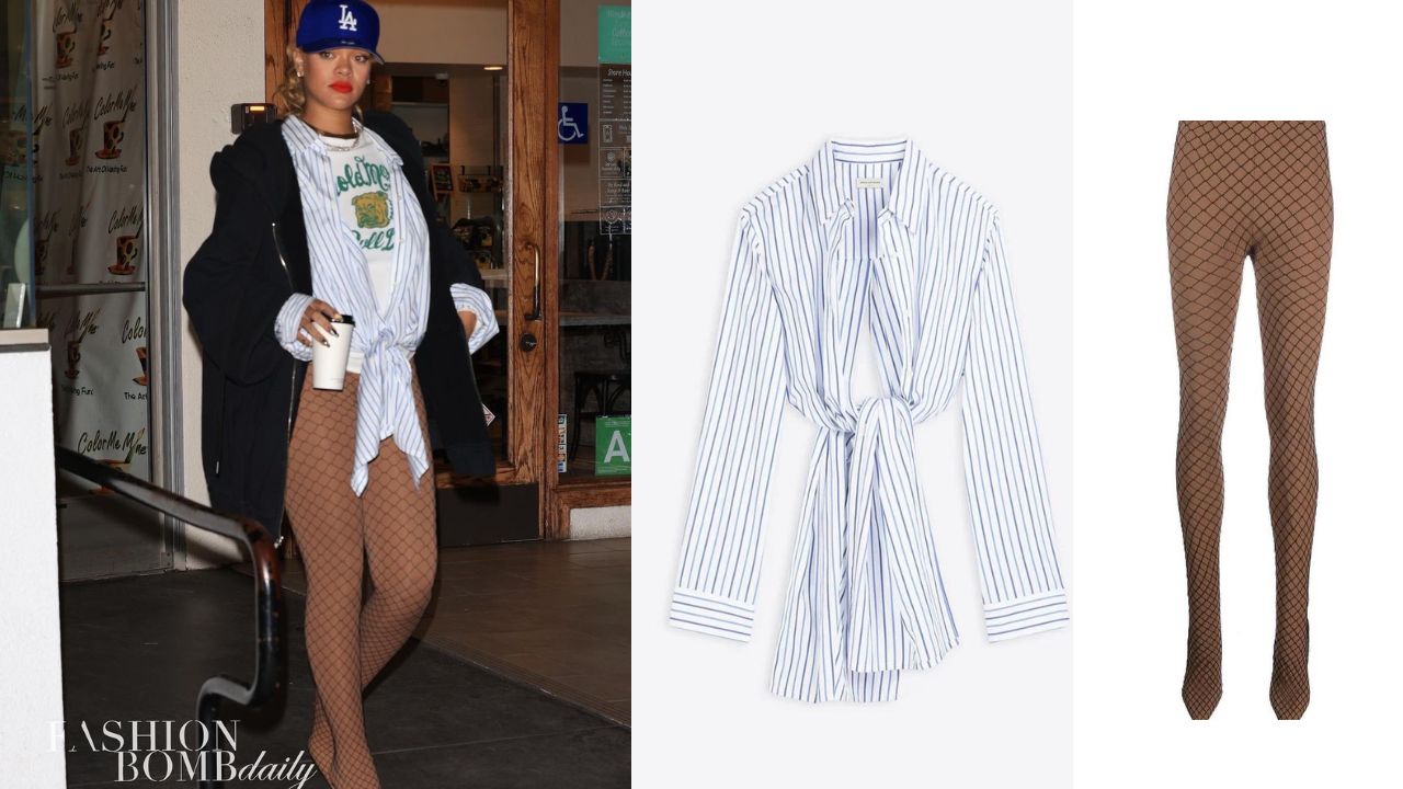 Rihanna Stepped Out to Dinner in a Black $650 R13 Hoodie, a $575 Striped Dries Van Noten Shirt, and Brown $4,050 Balenciaga Fishnet Pantaleggings