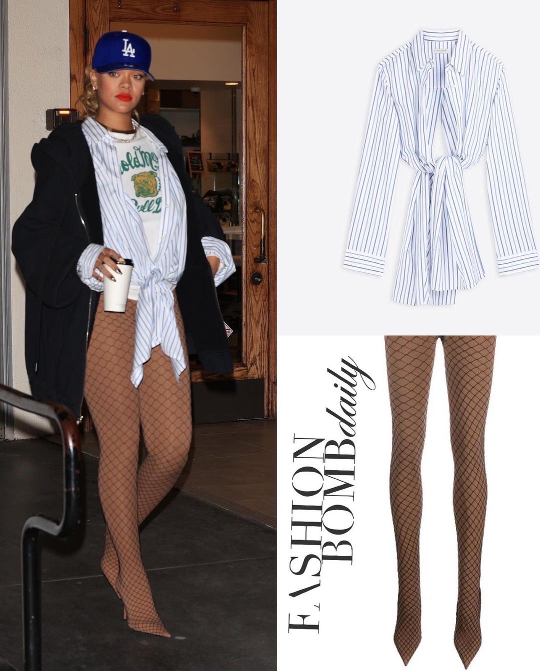 Rihanna Stepped Out to Dinner in a Black 650 R13 Hoodie a 575 Striped Dries Van Noten Shirt and Brown 4050 Balenciaga Fishnet Pantaleggings feat