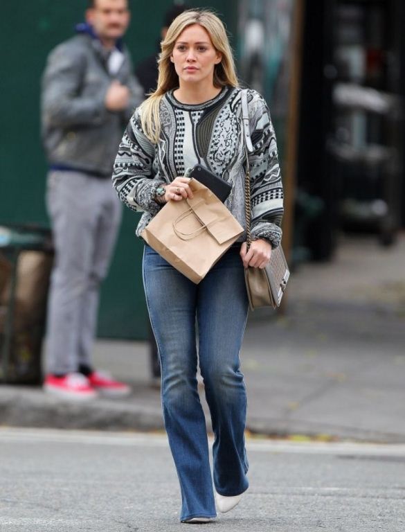 Splurge: Hilary Duff’s New York City Rag Bone x Coogi Mixed Pattern Knit Sweater and Boy Chanel Flap Bag