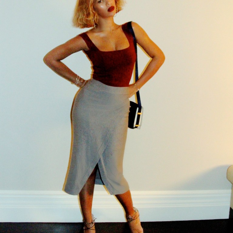 Splurge: Beyonce’s Torn by Ronny Kobo Rumya Solid Burgundy Bodysuit and Enza Costa Gray Midi Wrap Skirt