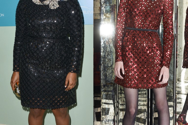Hot! or Hmm…: Mindy Kaling’s The Mindy Project Writers Panel Marc Jacobs Resort 2015 Oversized Sequin Black Dress and Jimmy Choo Bahama Silver Cap Toe Pumps