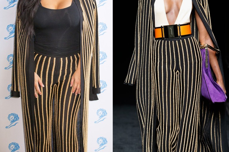 Hot! or Hmm…: Kim Kardashian West’s Cannes Lion Film Festival Balmain Fall 2015 Black and Gold Striped Jacket and Pants