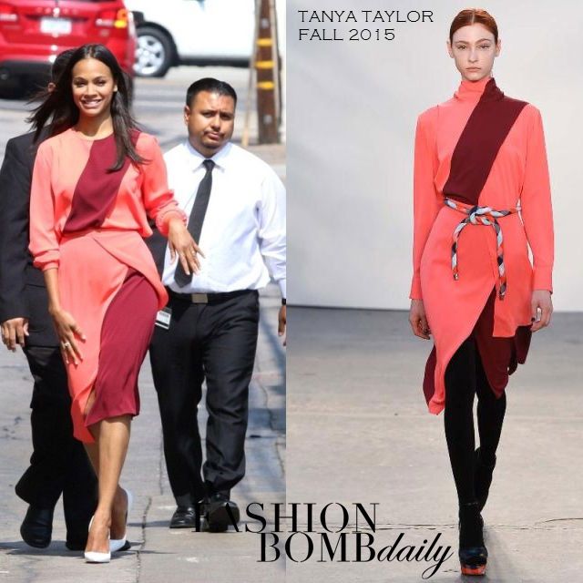 Hot! or Hmm… Zoe Saldana’s Jimmy Kimmel Live Tanya Taylor Fall 2015 Colorblock Long Sleeve Blouse and High Waist Slit Skirt