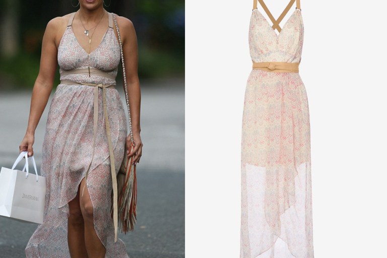 Splurge: Jennifer Lopez’s Hamptons Twelfth Street by Cynthia Vincent Leather Detail Printed Maxi Dress and Barbara Bonner Fringe Handbag