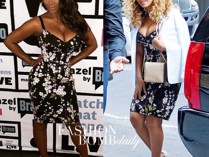 Who Wore it Better? Kenya Moore vs. Beyonce in Dolce & Gabbana’s Black Orange Blossom Print Bustier Dress and Stuart Weitzman Nudist Sandals