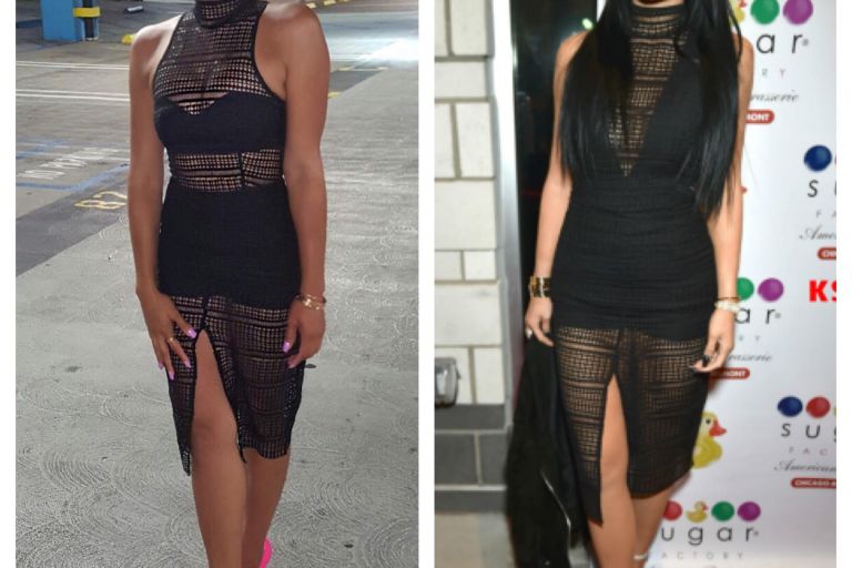 Who Wore it Better? Laura Govan vs. Kylie Jenner In Misha Collection’s Petra Black Crochet High Neck Front Slit Midi Dress