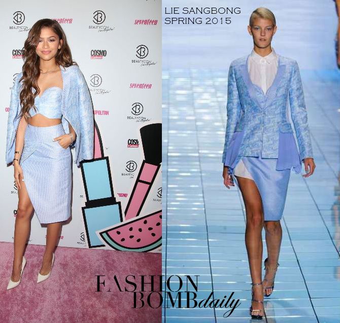 Hot! or Hmm… Zendaya Coleman’s 2015 BeautyCon Lie Sangbong Spring 2015 Blue Textured Blazer, Bustier Crop Top, and Slit Skirt