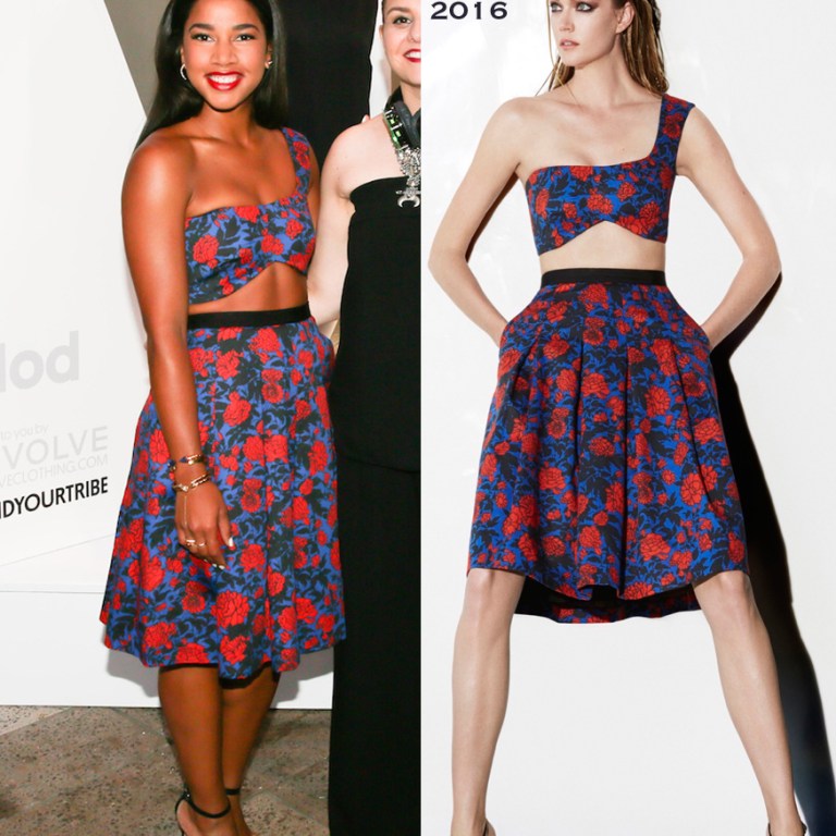 Hot! or Hmm…: Hannah Bronfman’s People Stylewatch x Revolve Fall Fashion Party Sophie Theallet Resort 2016 One Shoulder Blue and Red Garden Print Bustier Top and Full Skirt