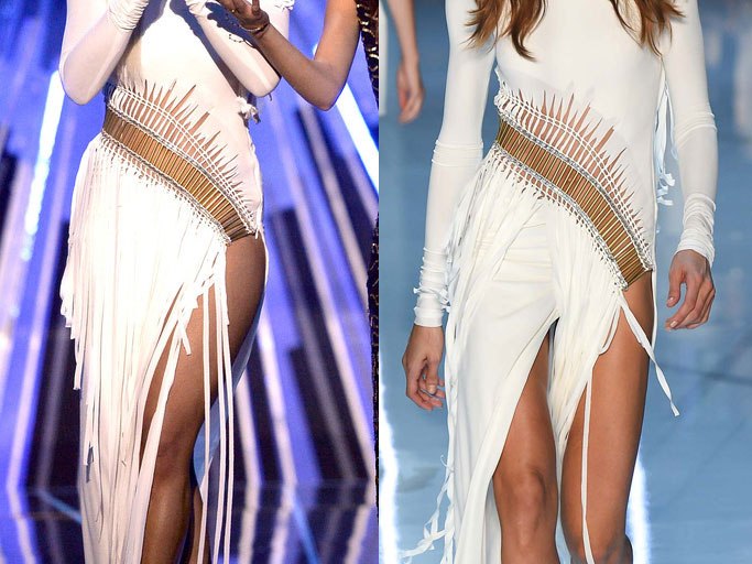 Hot! or Hmm…Rita Ora’s 2015 MTV Video Music Awards Show Alexandre Vauthier Couture Fall 2015 White Long Sleeve Dress with Side Slit and Gold Beading + Emily Ratajkowski in Altuzarra’s Fall 2015 Andy Top and Faulk Skirt in Black Tibetan Wave Embroidery