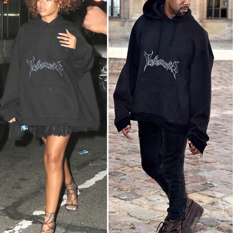 Who Wore it Better? Rihanna vs. Kanye West in Vetements Black Fleece Logo Hoodie