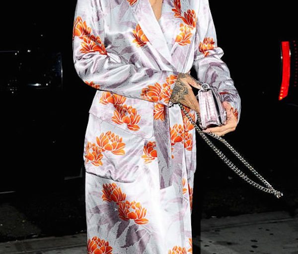 Splurge: Rihanna’s New York City Wedding Dries Van Noten Lotus Print Satin Tie Waist Long Robe Dress And Tom Ford Silver Metallic Ankle Lock Sandals