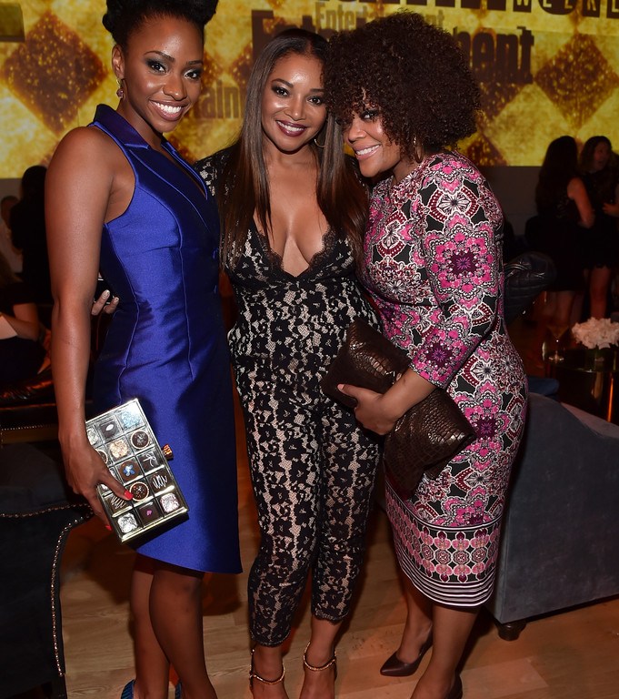 Hot! or Hmm…: Teyonah Parris’s 2015 Entertainment Weekly Pre-Emmy Party John Paul Ataker Blue Taffeta Button Dress, Kate Spade Chocolate Box Clutch, and Lust for Life Peacock Two Tone Snake Pumps
