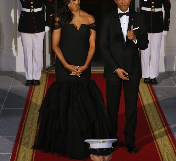 First Lady Michelle Obama Wears Custom Vera Wang Black Silk Crepe Mermaid Gown to Welcome China’s President Xi Jinping at the White House State Dinner