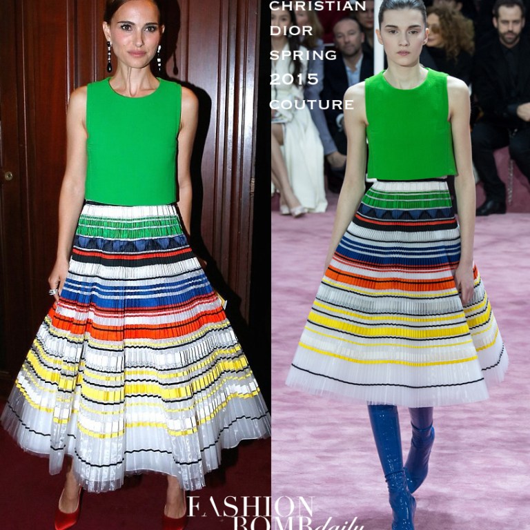 Hot! or Hmm…: Natalie Portman’s Paris Opera Ballet Défilé Opening Gala Dior Spring 2015 Couture Green, Red, Yellow, and Blue Striped Dress