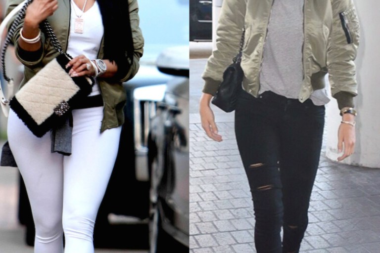 Who Wore it Better? Rosie Huntington-Whiteley vs. Nicki Minaj in Saint Laurent’s Olive Green Bomber Jacket