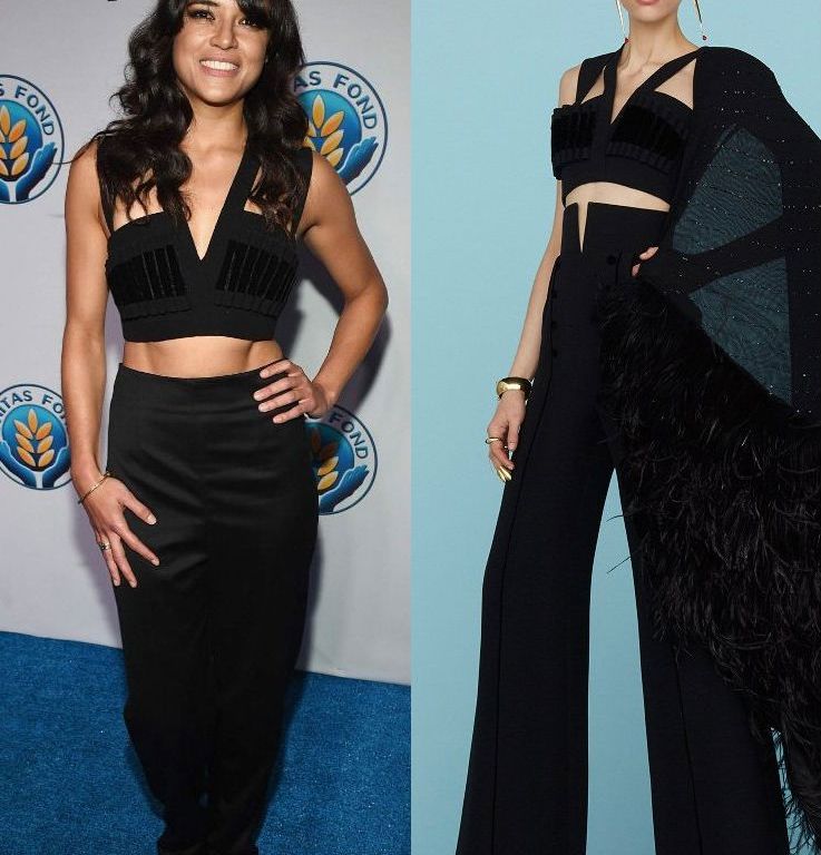 Hot! or Hmm… Michelle Rodriguez’s Unitas Gala Against Sex Trafficking Ulyana Sergeenko Spring 2015 Couture Velvet Accented Crop Top and High Waist Trousers