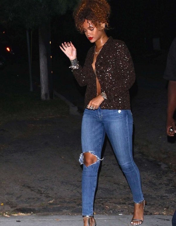 Get The Look: Rihanna’s 1Oak Dries Van Noten Brown Open Front Sequin Jacket And Tom Ford Silver Ankle Padlock Open Toe Sandals