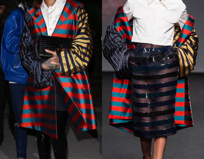Hot! or Hmm…: Rihanna’s Paris Eiffel Tower Visit Dior Fall 2013 Couture Red, Green, Black, and Yellow Multistripe Coat