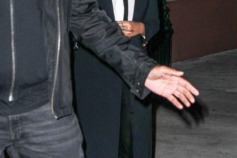 Get the Look: Beyonce’s New York City Dinner Alice + Olivia Janis White Button Down with Neck Tie, Black Leather Bell Bottom Pants, and Talia Pleated Back Long Coat