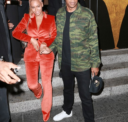 Hot! or Hmm…: Beyonce’s New York Hamilton Musical Barbara Bui Fall 2015 Orange Red Velvet Suit