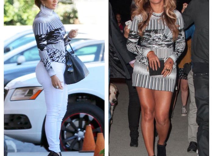 Who Wore it Better? Jennifer Lopez vs. Beyonce in Balenciaga Black, White, and Gray Intarsia Sweater Knits