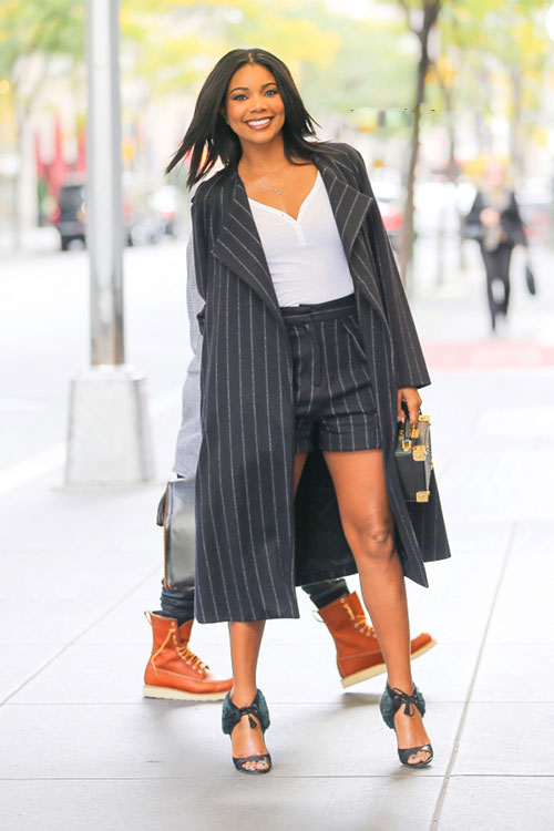 Hot! or Hmm…: Gabrielle Union’s New York City Ji Oh Fall 2015 Pinstripe Chelsea Coat and Shorts