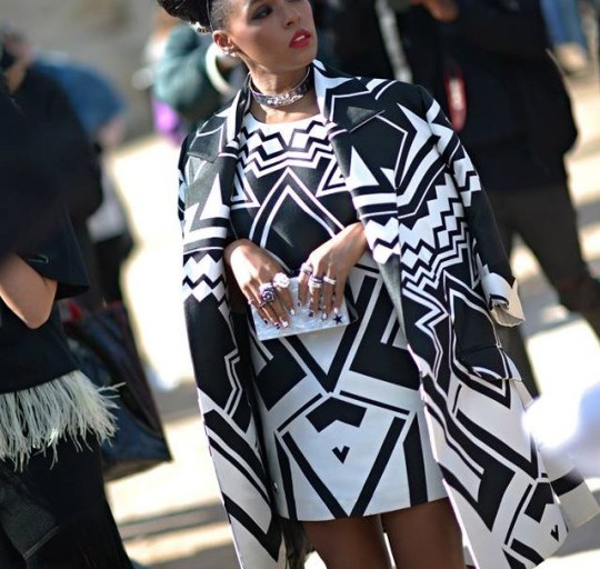 Hot! or Hmm…Janelle Monae’s Valentino Spring 2016 Show Philipp Plein Resort 2016 Black and White Printed Dress and Coat + Her Elle USA Party Naeem Khan White Blazer and House of CB Pants