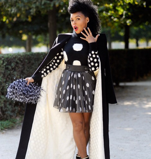 Janelle Monae Rocks Paris Fashion Week in a Stella McCartney Black Pom Pom Sweatshirt, an Akris Cream Suit, Emanuel Ungaro Polka Dots, Giambattista Valli Fall 2015 Swirl Prints, and more!