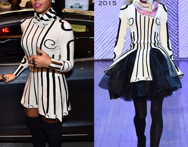 Hot! or Hmm…: Janelle Monae’s Atlanta Legacy Awards Olympia Le Tan Fall 2015 Black and White Swirl Print Mini Dress and Tamara Mellon Thigh High Boots