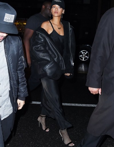 Hot! or Hmm…: Rihanna’s The Weeknd Barclay’s Concert NasaShop I Came to Break Hearts Cap, Vetements The Transformer Black Shearling Jacket, and Manolo Blahnik Chaos Sandals