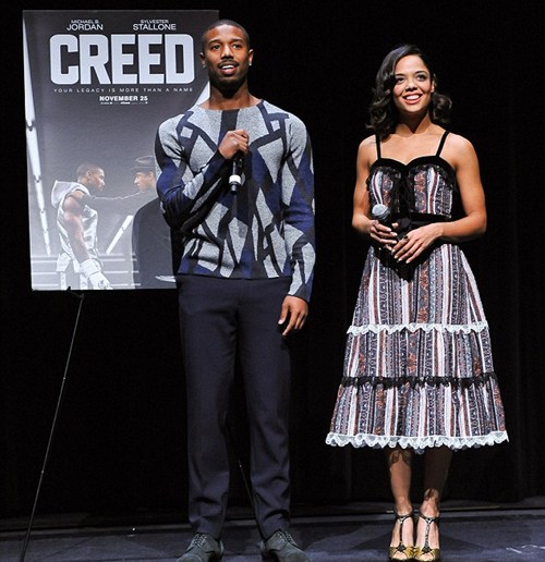 Hot! or Hmm…: Tessa Thompson’s Creed Toronto Screening Rodarte Spring 2016  Lace Trimmed Belted Dress and Gold Embossed Heels